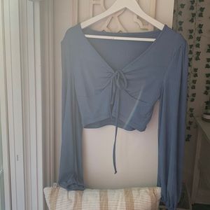 Blue Blouse with Puff Sleeve and front tie